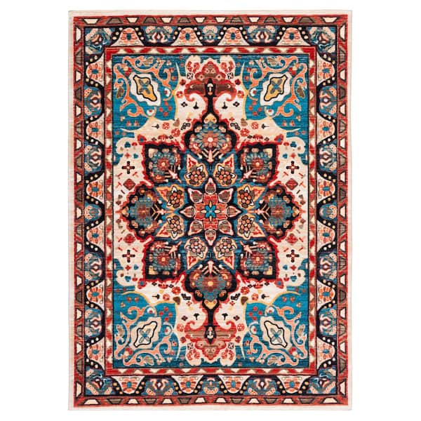 SAFAVIEH Riviera Blue/Beige 5 ft. x 8 ft. Machine Washable Medallion Border Area Rug