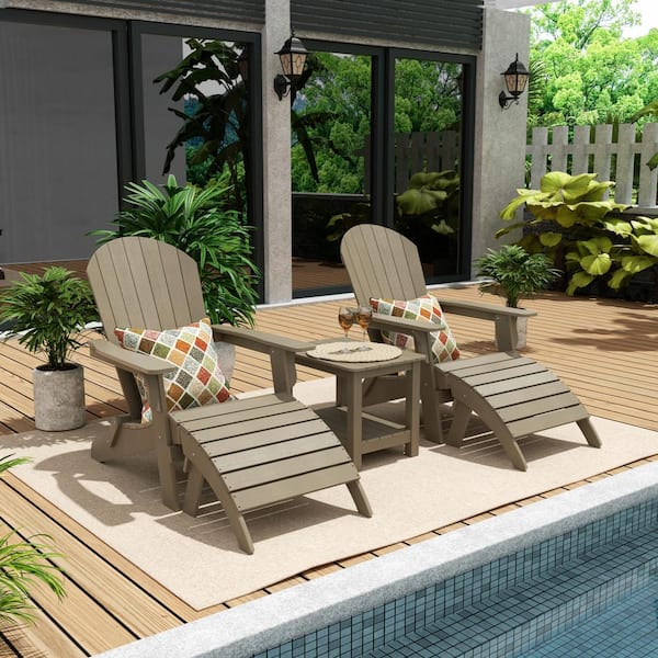 WESTIN OUTDOOR Vineyard Taupe Outdoor 5-Piece Plastic Folding Adirondack Chair with Folding Ottoman and Side Table Set