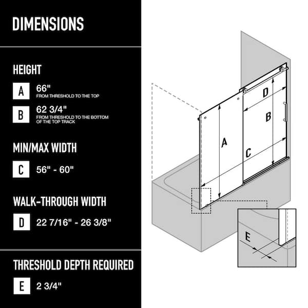 VIGO Elan 56 to 60 in. W x 66 in. H Frameless Sliding Tub Door