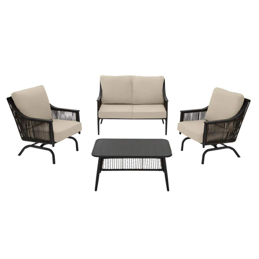 Bayhurst 4-Piece Black Wicker Outdoor Patio Conversation Seating Set with CushionGuard Putty Tan Cushions -  Hampton Bay, H009-01202400