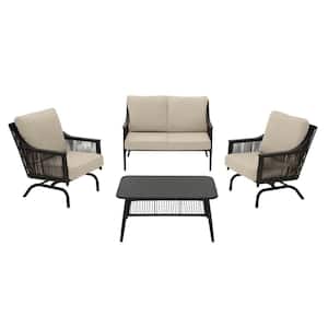 Bayhurst 4-Piece Black Wicker Outdoor Patio Conversation Seating Set with CushionGuard Putty Tan Cushions