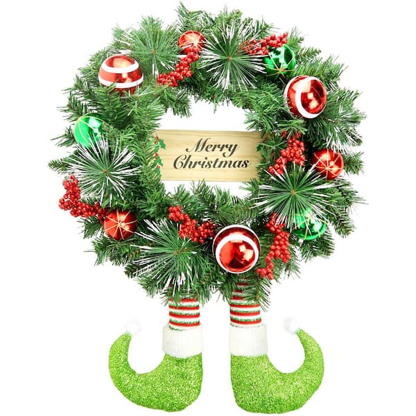 Fraser Hill Farm 24 in. Green Unlit Pine Artificial Christmas Wreath with Elf Boots, Berries, Balls, and Merry Christmas Sign