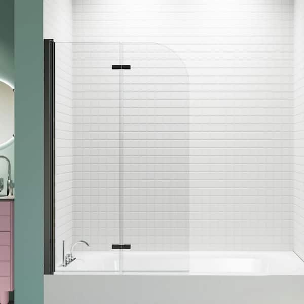 TOOLKISS 34 in. W x 58 in. H Frameless Bi-Fold Tub Door in Matte Black with Clear Glass