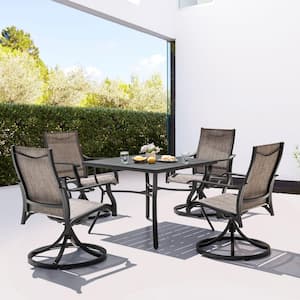 Brown and Black 5-Piece Aluminum Outdoor Dining Set, 4 Textilene Swivel Chairs and 36’’ Square Table with Umbrella Hole