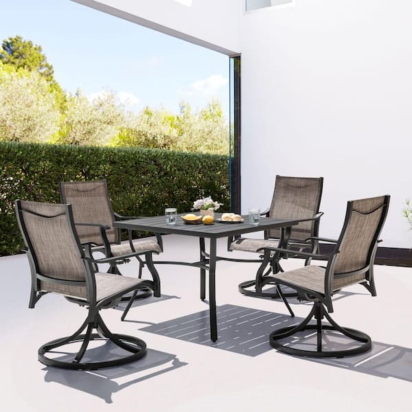 Brown and Black 5-Piece Aluminum Outdoor Dining Set, 4 Textilene Swivel Chairs and 36'' Square Table with Umbrella Hole