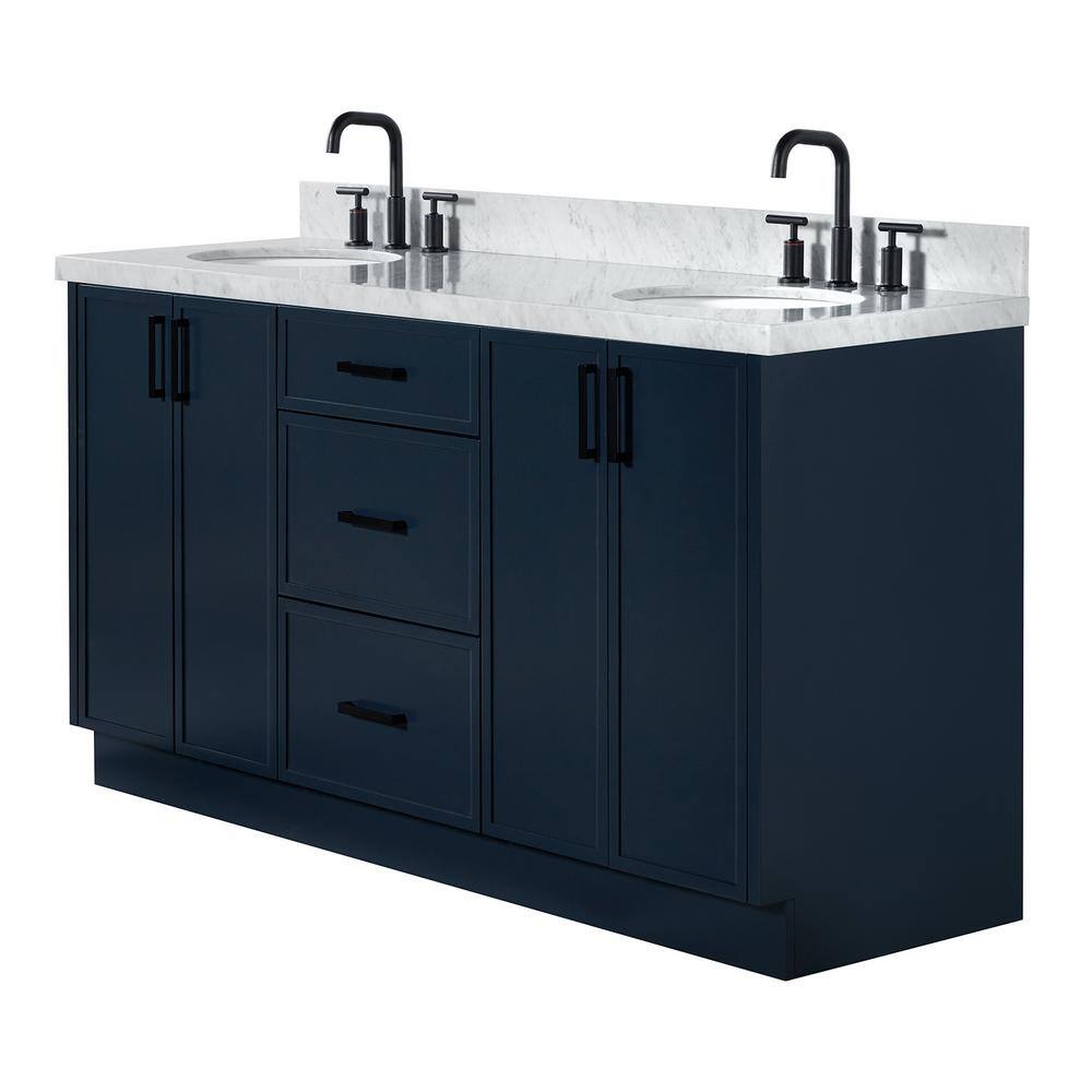 Midnight Blue Double Sink Freestanding Vanity with Carrara Marble Top