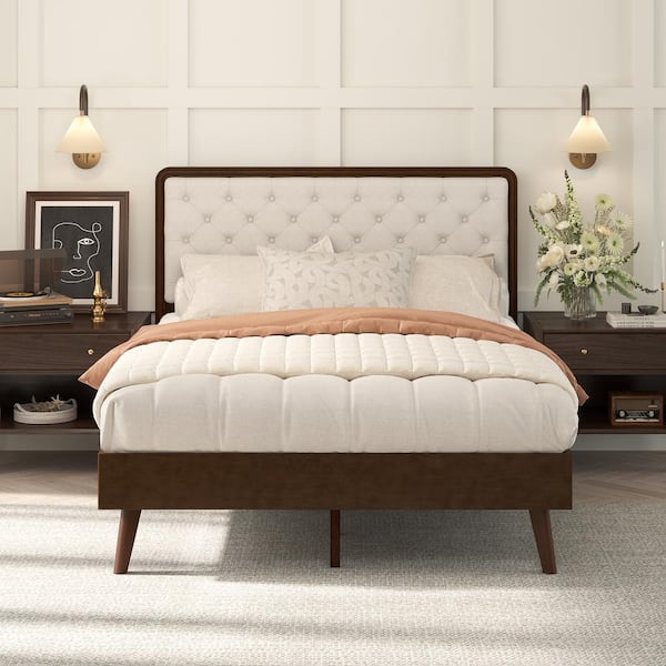 Monster Brown Walnut Solid Wood Frame Full Size Platform Bed Frame with Upholstered Headboard
