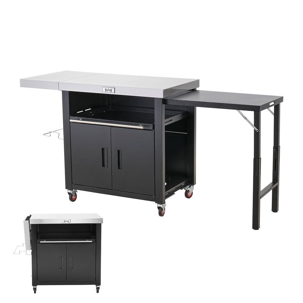 Black Stainless Steel Outdoor Kitchen Cart with Foldable Side Tables