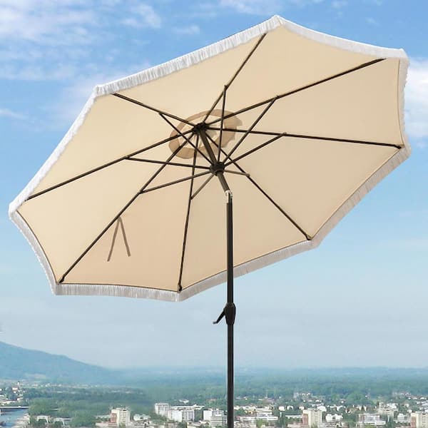 PURPLE LEAF 9 ft. Octagon Aluminum Auto-Tilt Outdoor Patio Market Umbrella with Tassel Design and Stand, Beige