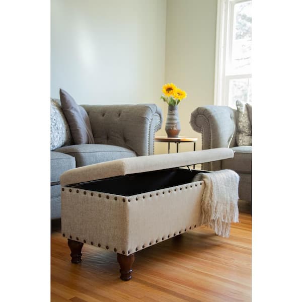 Large Herringbone Taupe and Cream 42 in. Bedroom Bench Without Back with Nailhead Trim and Storage