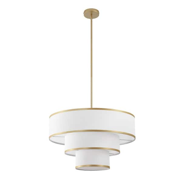 24 in. 5-Light Gold Tiered Drum Chandelier with White Farbic Shade