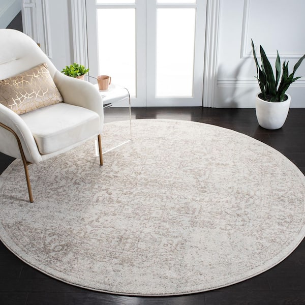 Evoke Ivory/Taupe 8 ft. x 8 ft. Distressed Border Medallion Round Area Rug