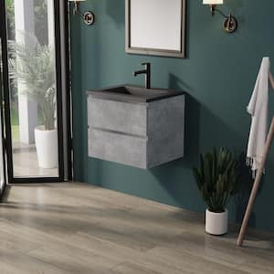 EDI 24 in. W x 18.7 in. D x 19.7 in. H Wall Mount Floating Bathroom Vanity in Gray with Black Quartz Sand Surface Top