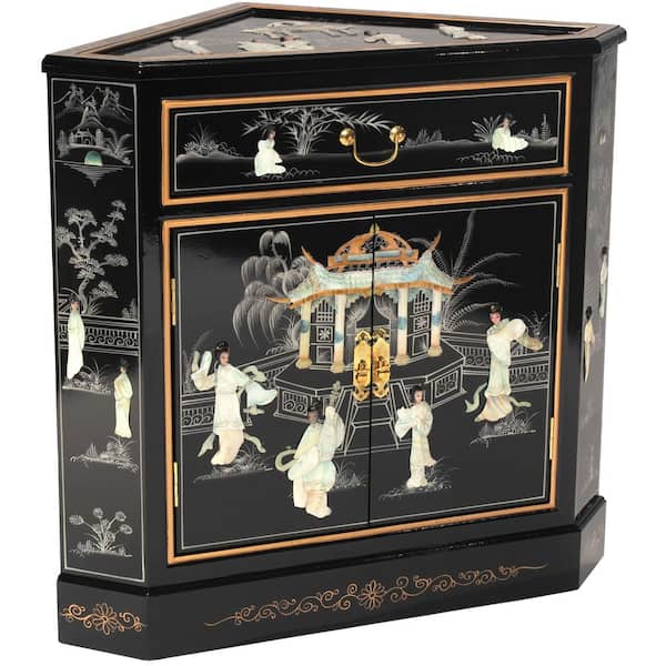 Black Lacquer Royal Ladies Corner Accent Cabinet