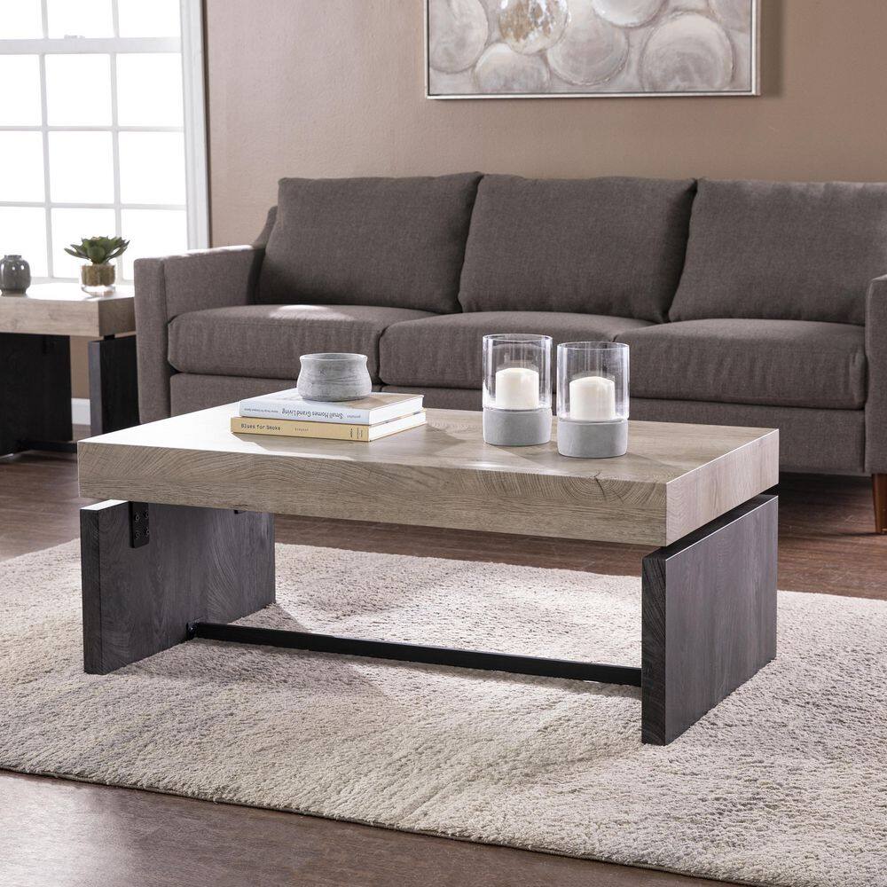 Natural and Black Rectangular Wood and Metal Cocktail Table