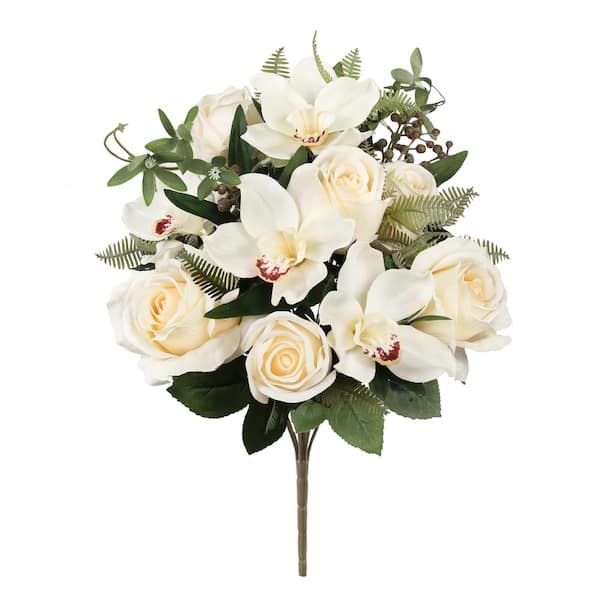 LIVING LUXURY 18 in. Ivory Artificial Mixed Rose Cymbidium Orchid Flower Stem Bush Bouquet (Set of 2)