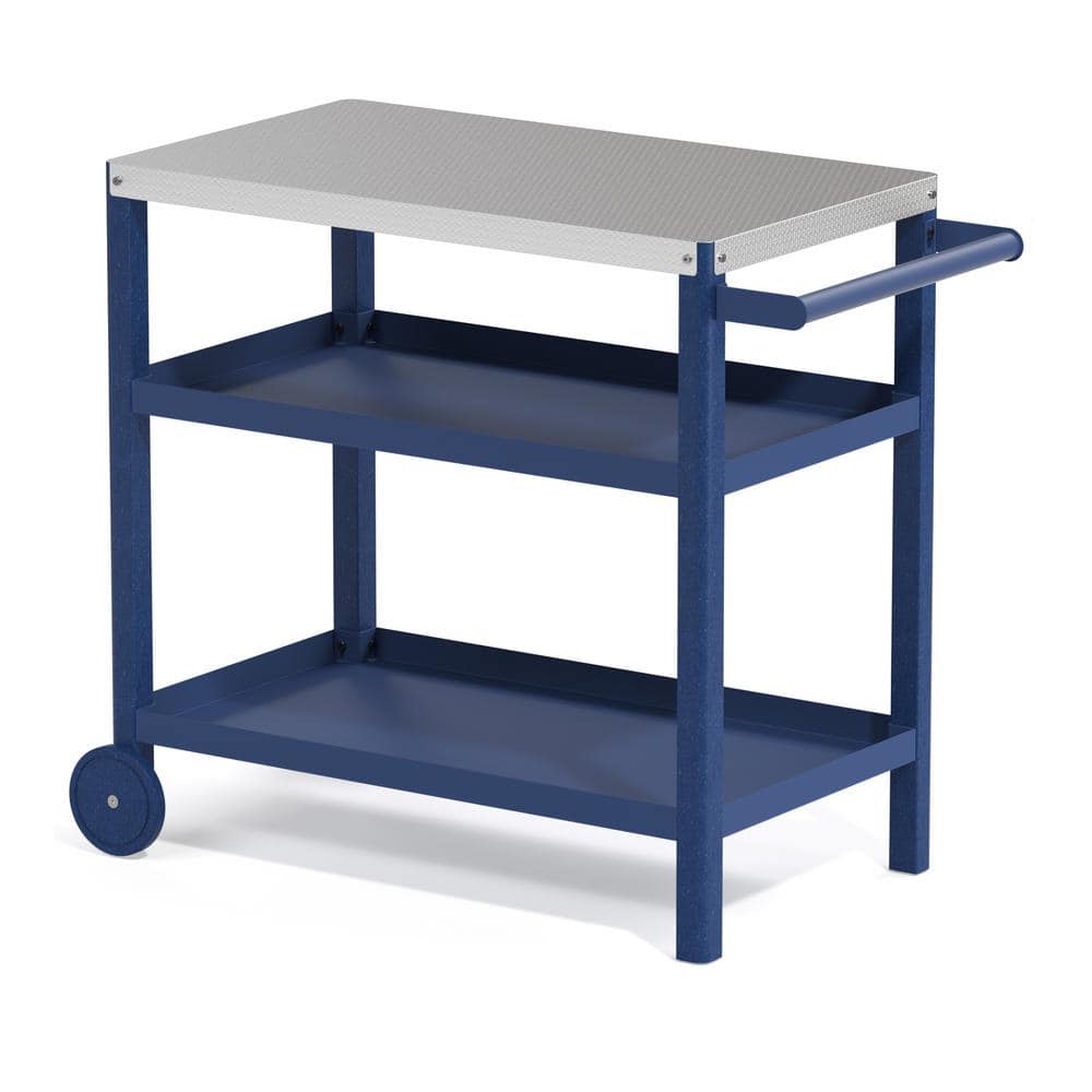 Navy Blue Outdoor Grill Cart Movable Food Prep Table with Stainless Steel T