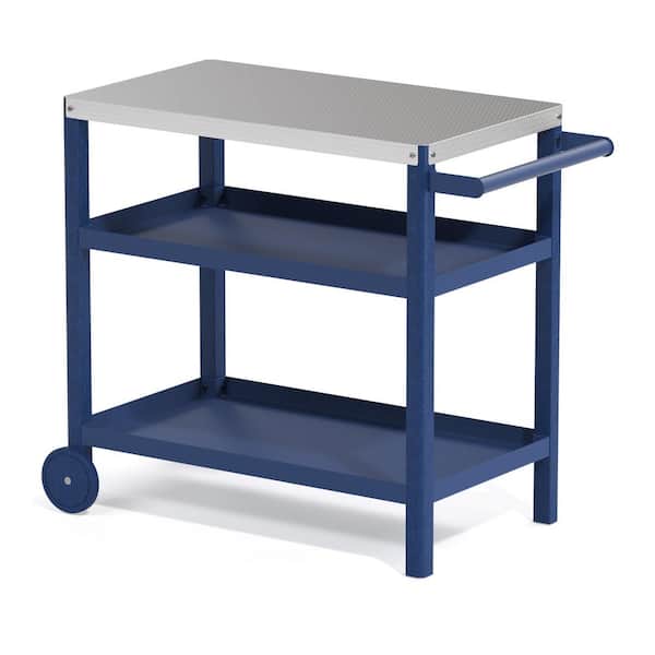 Unbranded Navy Blue Outdoor Grill Cart Movable Food Prep Table with Stainless Steel Tabletop and Wheels Kitchen Island for Bar