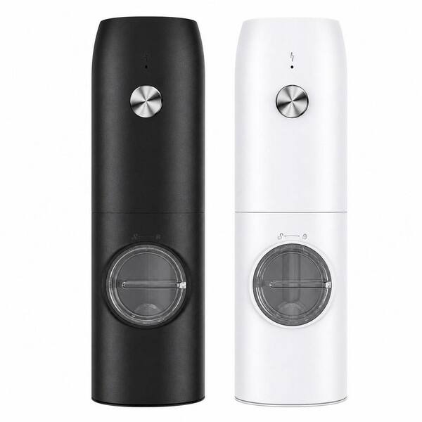 2 Pack Black White Acrylic Container Electric Salt and Pepper Grinder Set with Ceramic Grinder Core LED, Christmas Gifts
