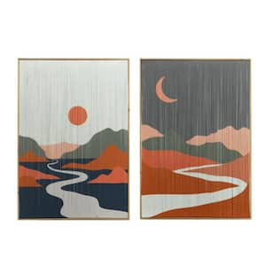 Gray, Orange and Blue Wooden Framed Day and Night Design Wall Art (Set of 2)