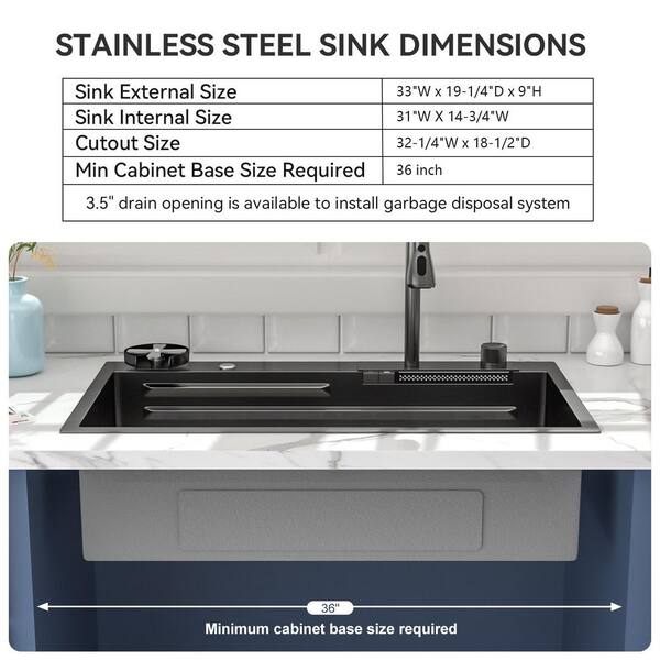 Dcolora 33x19 Inch Matte Black Drop-In Kitchen Sink Workstation - 16 Gauge 304 Stainless Steel With Nano Coating