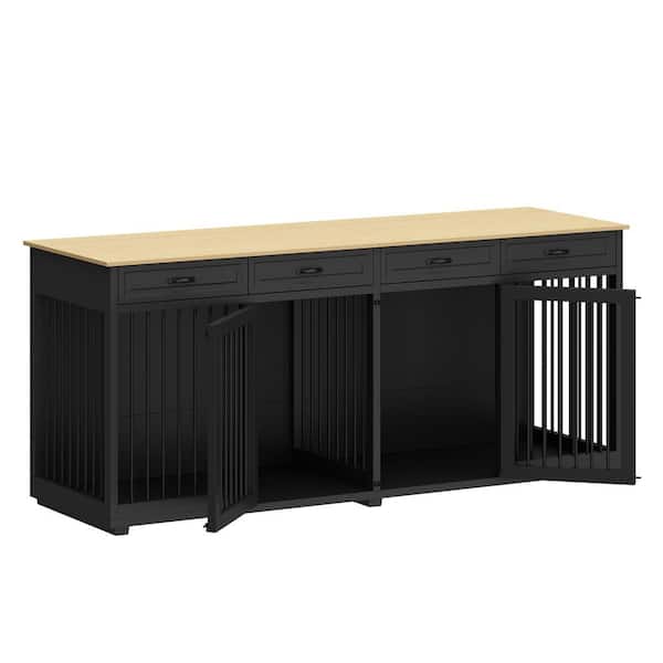 WIAWG 86.6 in. Wooden Dog Kennel Furniture with 4-Drawers and Dividers, Large Dog Cage Crates for 2 Large Dogs, Black
