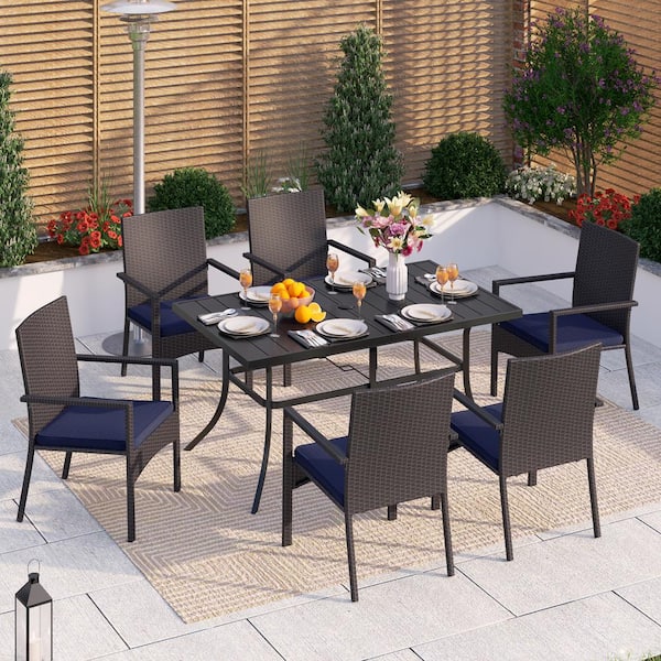 PHI VILLA 7-Piece Metal Patio Outdoor Dining Set with Rattan Chair with Blue Cushion