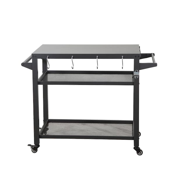 Unbranded Gray 3-Shelf Outdoor Grill Cart with Wheels/Paper Towel Holder/Propane Tank Hook/Bottle Opener/4 Hooks, Iron Countertop