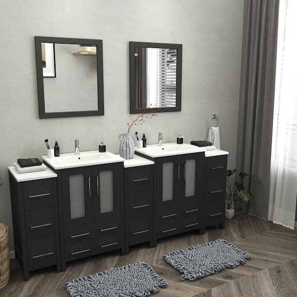 Brescia 84 in. W x 18.1 in. D x 35.8 in. H Double Basin Bathroom Vanity in Espresso with Top in White Ceramic and Mirror