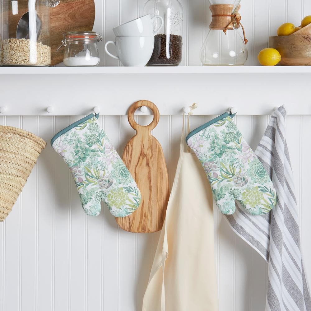 Green Succulent Print Cotton Oven Mitt Set, 2-Piece