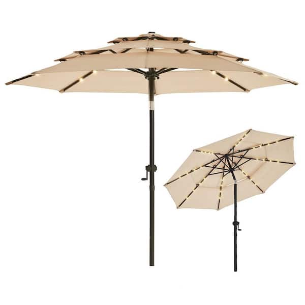 PASAMIC 9 ft. 3 Tiers Aluminum Solar Led Market Umbrella Outdoor Patio Umbrella with Tilt and 32 LED Lights in Beige