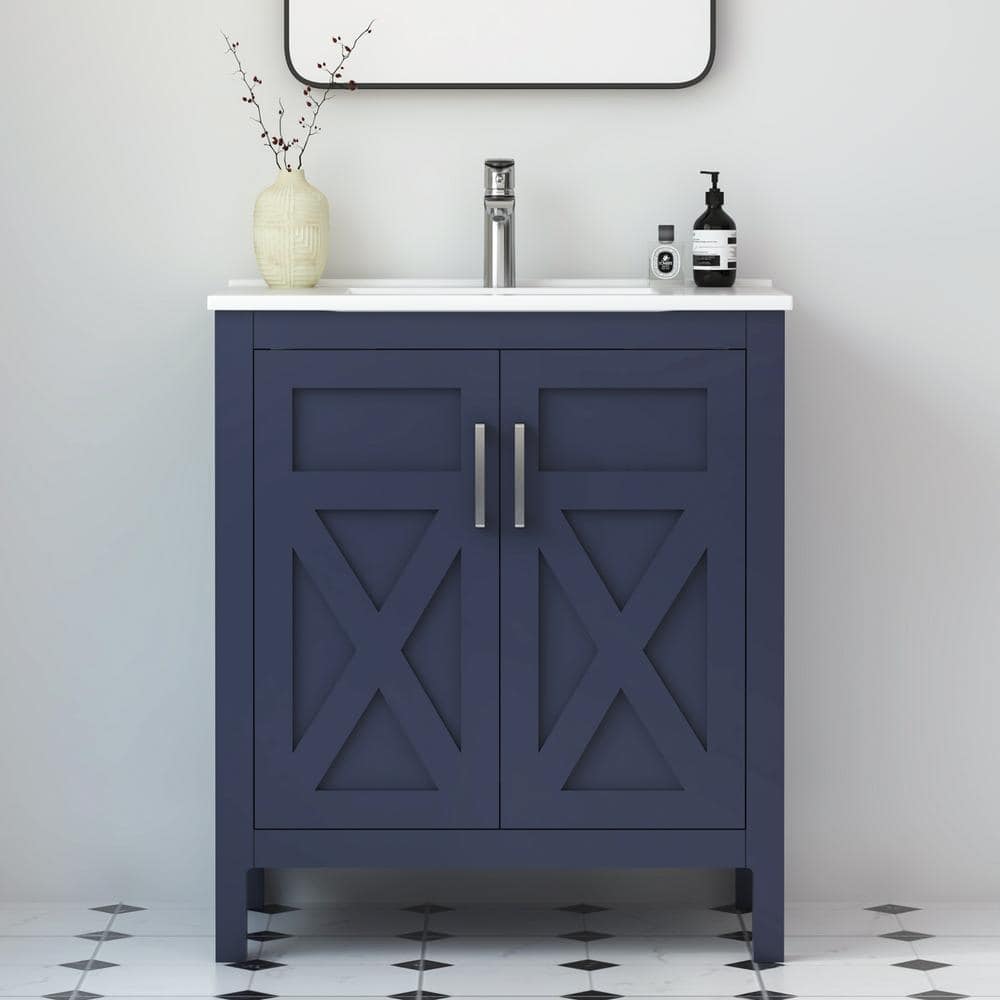 Silvia 30.25 in. W x 18.5 in. D x 35 in. H Single Sink Freestanding Bath Vanity in Marine Blue with White Ceramic Top price history on PriceWatchPro