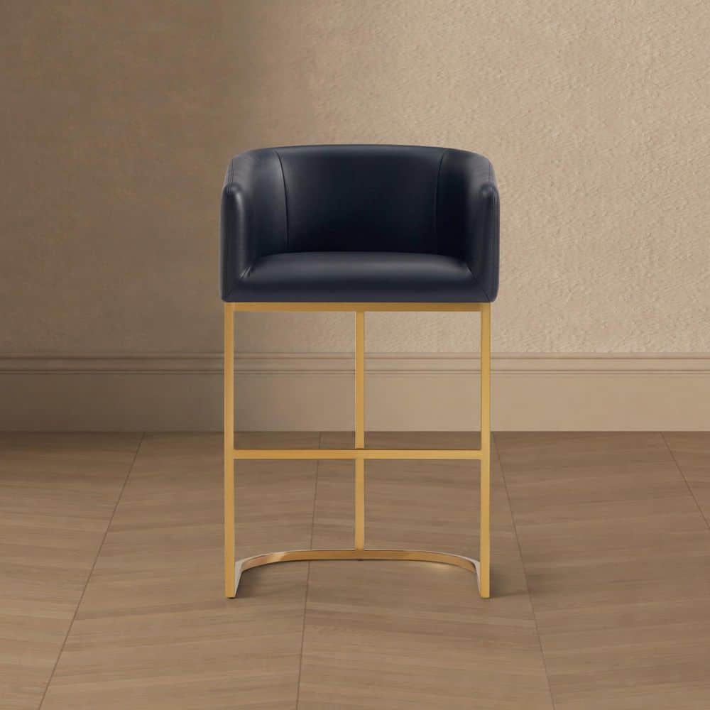 Louvre 26 in. Black and Titanium Gold Metal Counter Stool with Leatherette Upholstered Seat