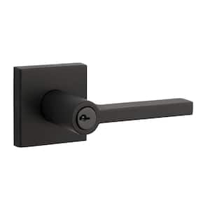 Reserve Square Satin Black Keyed Entry Door Handle with Contemporary Rose