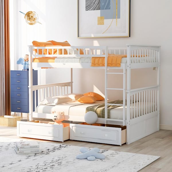 Polibi White Full Over Full Bunk Bed with Drawers, Convertible Beds