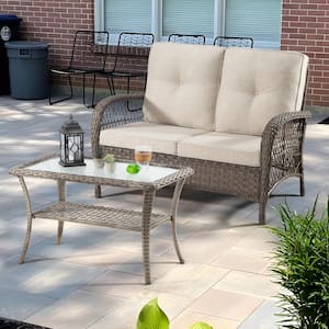 2-Piece Wicker Outdoor Patio Loveseat with Beige Cushions