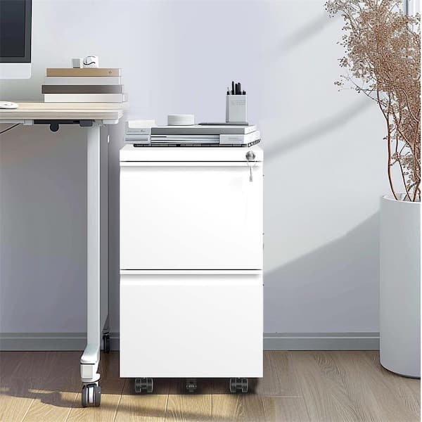 White 26 in. H Metal Office Storage Cabinet Steel Mobile File Cabinet with Lock and 2 Drawers