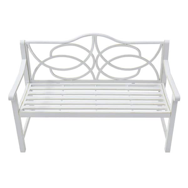 2-3 People Iron Metal Steel Frame Outdoor Garden Patio Park Bench with Back, Arm for, Yard, Porch, Balcony, White