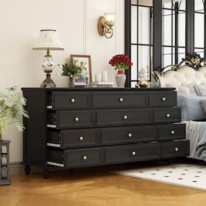 Black Wooden 63 in. Width 12 Drawer Dresser, Storage Cabinet Console with Wooden Legs, European Style