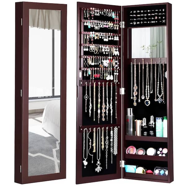 Costway Rectangular Brown Wood Mirrored, Jewelry Cabinet Armoire