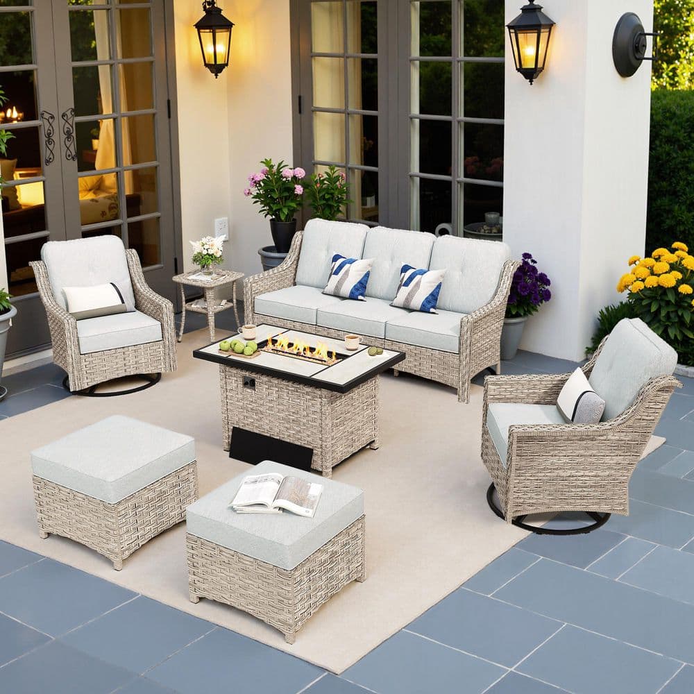 Palffy Gray 7-Piece Wicker Patio Rectangle Fire Pit Conversation Set with Gray Cushions and Swivel Chairs price history on PriceWatchPro