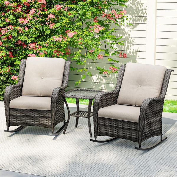 3-Piece Wicker Outdoor Rocking Chairs Patio Conversation Set Chat Set with Beige Cushions and 1 Table