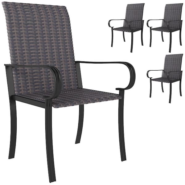 Rattan Armchairs with Armrests, Steel Frame, High Back and Deep Seating Outdoor Wicker Dining Chairs in Brown Set of 4