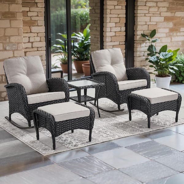 SleekArm 5-Piece Black Wicker Patio Conversation Set with Olefin Beige Cushion/Ottomans with Rocking Chairs