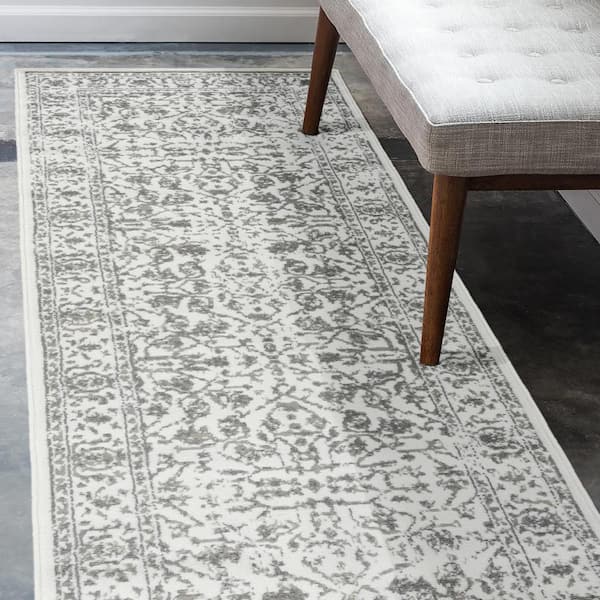 Alpine 2 ft. 7 in.  x  10 ft.  Light Gray Bordered Pattern Runner Rug for High Traffic Entryway Kitchen Hallway