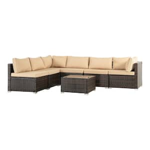 7-Piece Modern Rattan Wicker Garden Outdoor Sectional Set with Brown Cushions and Glass Table for Patio, Garden, Deck