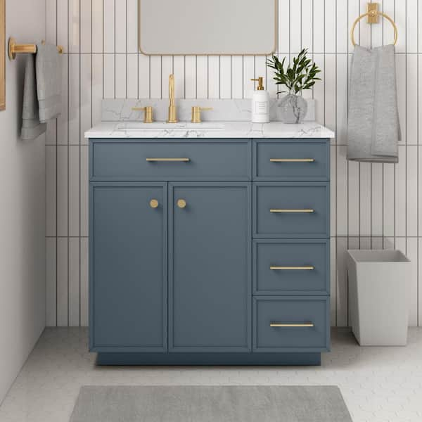 Marcote 36 in. Single Sink Freestanding Slate Blue Bath Vanity with Venato Engineered Stone Top (Assembled)