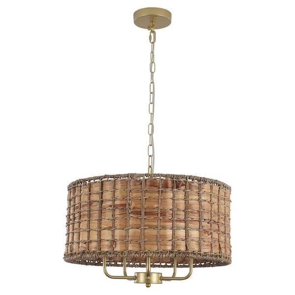 18.8 in. 5-Light Golden Drum Chandelier with Seagrass and Water Hyacinth Shade and No Bulbs Included