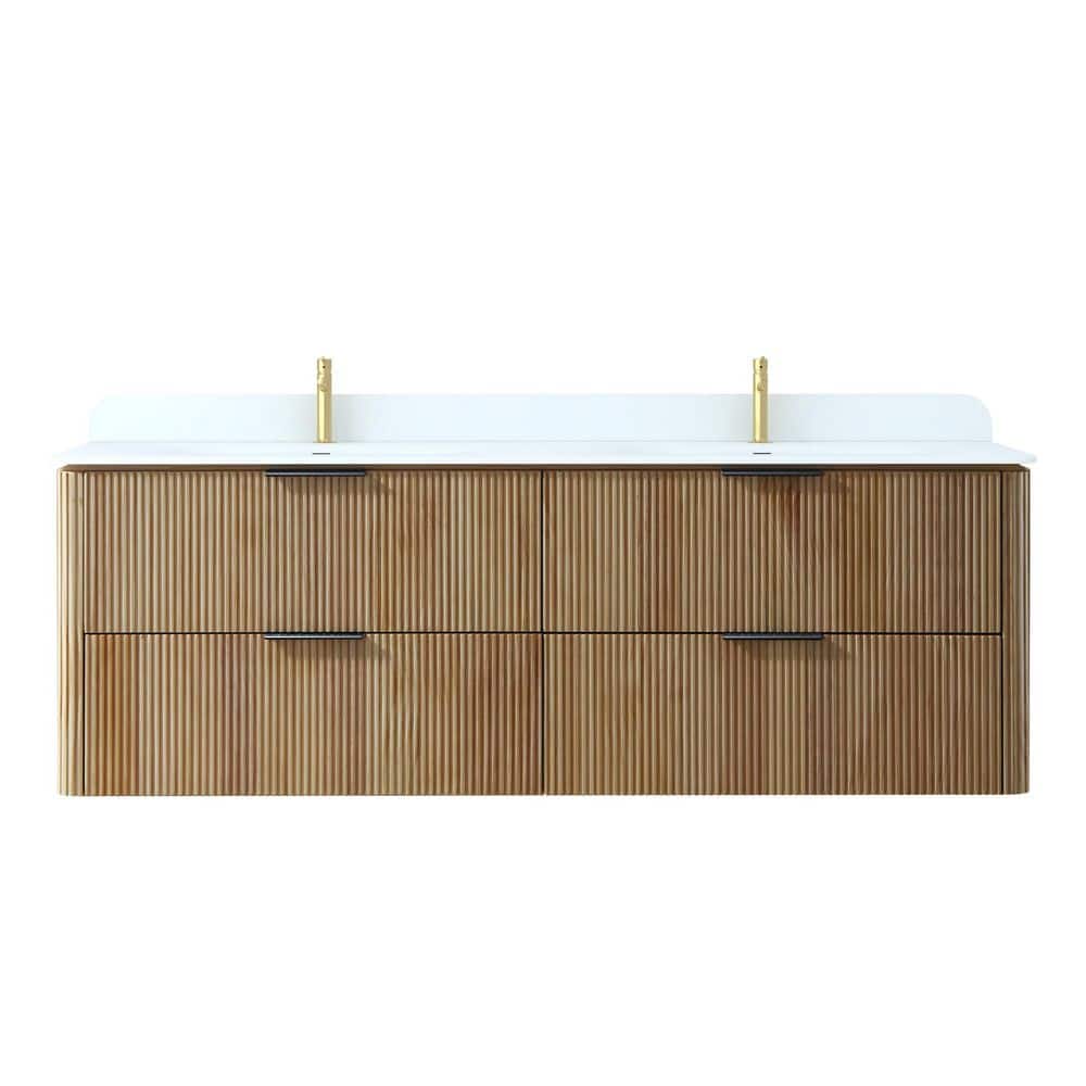 Fluted 60 in. Double Sink Floating OAK Solid Wood Bath Vanity with White Acrylic Top and Basin, Assembled, Soft Close price history on PriceWatchPro