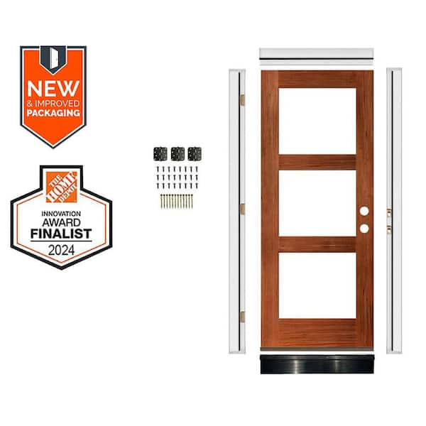 DIY 36 in. x 80 in. Hemlock LeftHand 3-Lite Clear Glass Red Chestnut Stain Wood Front Door Kit w/ Quick Assemble Jamb